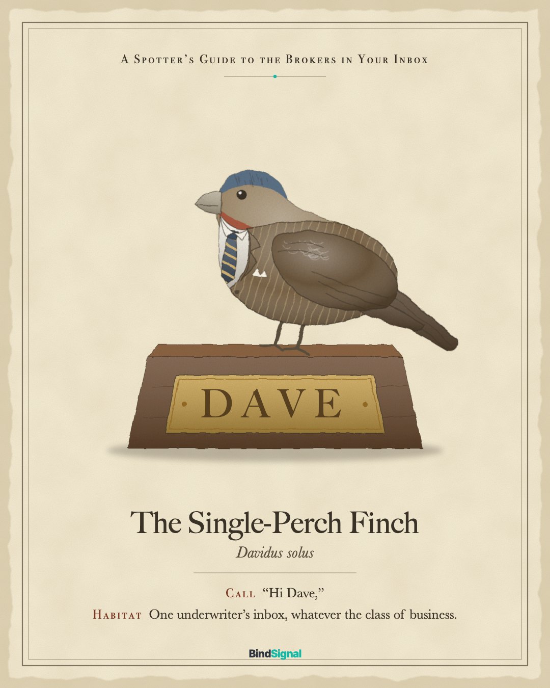 Field guide illustration: the Single-Perch Finch, a finch in a tweed suit and striped tie perched on a desk nameplate reading DAVE